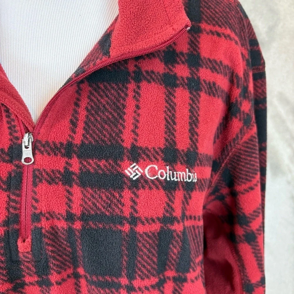 Womens Columbia Pullover Jacket Sz Large Red Black Plaid Quarter Zip